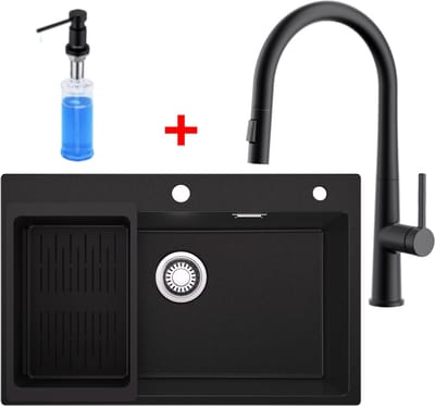 Sofetiy Max Granieten Spoelbak Antraciet 70x45CM - Spoelbakken met 3 Kraangat - Spoelbakken Keuken Met C-uitloop Keukenkraan en Zeepdispenser 300ML - Enkele Spoelbak - Spoelbak Met Afdruiprek - Spoelbakken Incl. Sifon en Afvoerzeefje