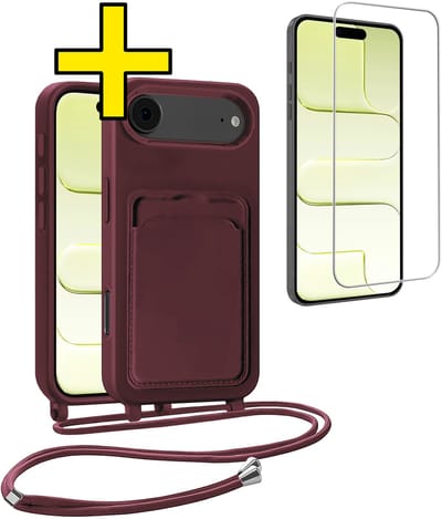 Hoesje Geschikt voor iPhone Air Telefoonhoesje Met Koord Case Pashouder Met Screenprotector Siliconen - Hoes Geschikt voor iPhone Air Hoesje Met Kaarthouder - Aubergine