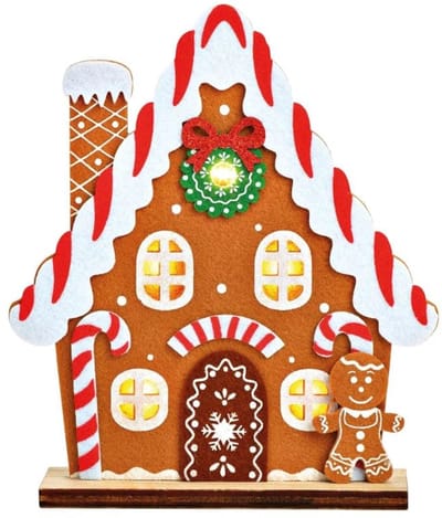Peperkoekhuis vilt bruin met LED, Hoogte 17 cm