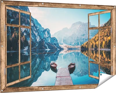 Gards Tuinposter Doorkijk Twee Bootjes op het Meer in de Bergen - 150x100 cm - Tuindoek - Tuindecoratie - Wanddecoratie buiten - Tuinschilderij