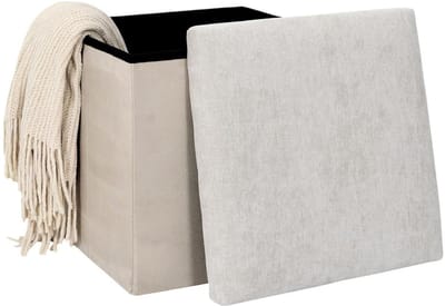 Home deco Poef/hocker Emilia - beige - opvouwbaar - 38 x 38 cm - polyester/mdf - opbergbox