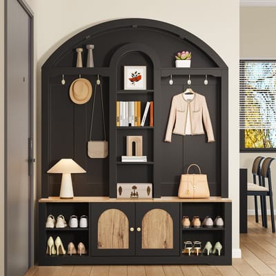 MODFU - Garderobekast - Gebogen Ontwerp Met Open Vakken En Haken - Scandinavische Stijl - Hal - MDF - Zwart - 150 x 40 x 195 cm