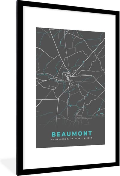 Fotolijst incl. Poster - Stadskaart – Grijs - Kaart – Beaumont – België – Plattegrond - 80x120 cm - Posterlijst
