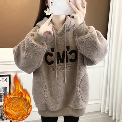 Geborduurde Hoodie van Lamswol voor Dames in Herfst en Winter Nieuwe Koreaanse Losse Leeftijdsverjongende Top Verdikt Jasje 2XL black