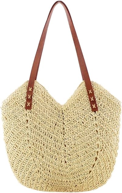 Dames Tassen - Stro Tas Dames - Zomerse Strandtas - Grote Capaciteit Stro Shopper - Handgemaakte Weef Tas - Met Leren Schouderband - Lichtgewicht Strandtas - Vakantie & Reizen - Beige