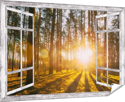 Gards Tuinposter Doorkijk Zonsopkomst in het Bos tussen de Bomen - 180x120 cm - Tuindoek - Tuindecoratie - Wanddecoratie buiten - Tuinschilderij