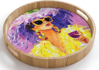 Dienblad rond 40x40 cm - Schootdienblad hout - Zonnebril - Vrouw - Jas - Veren - Borrelplank rechthoek - Plateau houten dienbladen