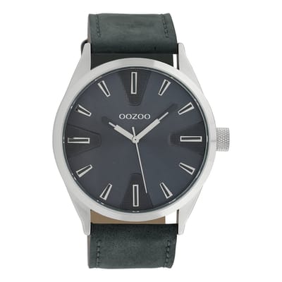 OOZOO Timepieces - Zilverkleurige horloge met donker blauwe leren band - C10023