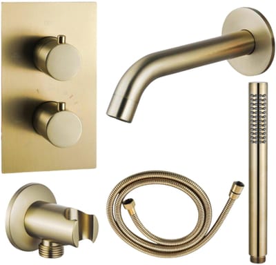 FugaFlow Eccelente Acces Badkraan set - uitloop - 22cm inkortbaar - metalen slang - staafhanddouche - inbouwdeel - wandhouder - geborsteld messing