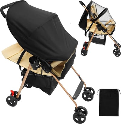 Kinderwagen Parasol - Muggennet Zonnekap - Baby Beschermen - 2-in-1 Functie - Universele Pasvorm - Zwart