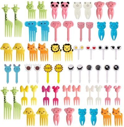 Dailygoods- Fruitvorken 60 stuks - Mini-dessertvorken - Kunststof - Herbruikbaar - Verschillende stijlen - 3/3,5/3,6/3,9/4,4/4,5/4,7/8,5 cm - Prikkers