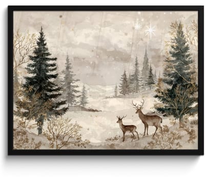 Poster in lijst - Fotolijst 80x60 cm - Posters - Bos - Herten - Winter - Sneeuw - Posterlijst zwart - Decoratie - Wanddecoratie woonkamer - Muurdecoratie slaapkamer