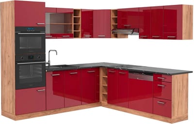Vicco Hoekkeuken R-Line, Rode hoogglans/Goudkleurig Eiken, 247 x 237 cm, WB Antraciet