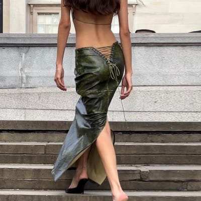Nieuwe Sexy Rug Vetersluiting Holle Split Slank Zittende Koninklijke Zus Stijl PU Heupbedekkende Rok S gray