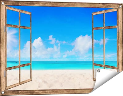 Gards Tuinposter Doorkijk Strand en Zee met Helder Witte Zand - 90x60 cm - Tuindoek - Tuindecoratie - Wanddecoratie buiten - Tuinschilderij