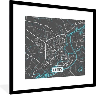 Fotolijst incl. Poster - België – Lier – Stadskaart – Kaart – Blauw – Plattegrond - 40x40 cm - Posterlijst