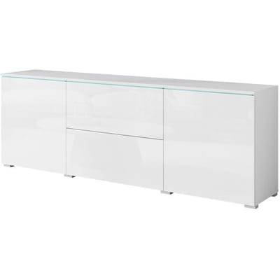 Moderne lowboard TV-meubel 180 cm – hoge TV-kast met lades en planken, romp wit mat, fronten hoogglans wit