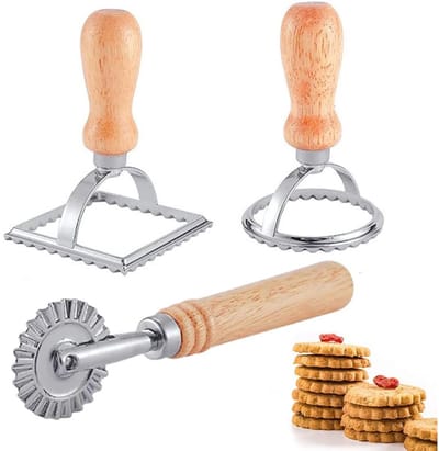 Bakvorm Koekjesvorm - 3-delige Set Roldeegsnijder met Houten Handvat - Ravioli Maker voor Dumplings - Zilver