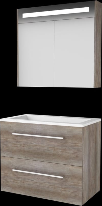 Basic Premium 46 badmeubelset met spiegelkast met geïntegreerde LED verlichting, wastafelonderkast met grepen, 2 lades en acryl wastafel met 1