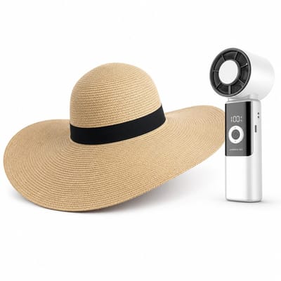 VHV - Zonnehoed en Ventilator Set - dames beige strohoed met brede rand - Aparte handsfree ventilator - Voor strand, vakantie, wandelen