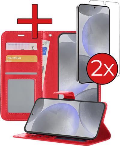 Hoesje - Met 2x Screenprotector - Geschikt voor Samsung Galaxy S24 - Luxe Pasjeshouder - Flip Case - Bookcase Portemonee - Kunstleer Book Case - Flipcase Hoes - Book Cover - Walletcase - Portemonneehoes - Telefoonhoes - Rood