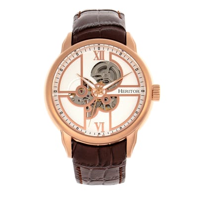 Heritor Automatic Sanford Semi-Skelet leren band horloge - Roségoud/bruin
