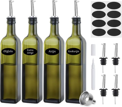 Olieflessen - 4 Delige Set - 500ML - Groen - Met RVS Schenktuit, Trechter, Stickers & Stift - Oliefles Glas - Olie- en Azijnstel - Glazen Oliefles - Olijfolie Fles - Kan