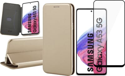 Hoesje geschikt voor Samsung Galaxy A53 - Book Case Kunstlederen Wallet Cover Minimalistisch Pasjeshouder Hoes Goud - Full Tempered Glass Screenprotector