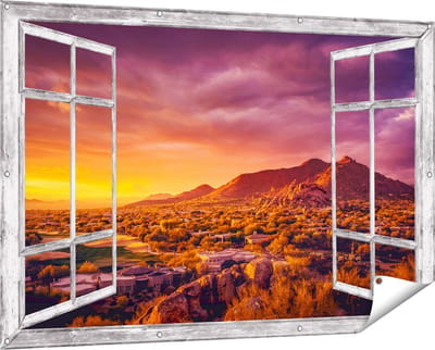 Gards Tuinposter Doorkijk Woestijn Landschap met Zonsondergang - 150x100 cm - Tuindoek - Tuindecoratie - Wanddecoratie buiten - Tuinschilderij