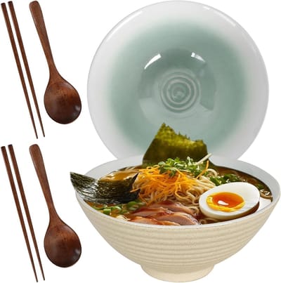 Grote keramische ramenkommen van 1200 ml, set van 2 met eetstokjes en lepel, ideaal voor noedelsoep, salades en groenten