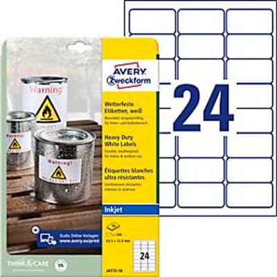 Avery® Zweckform Etiketten J4773, weerbestendig, permanente kleefstof, printer-veilig, rechthoekig, polyester, mat wit, 240 stuks op 10 vel