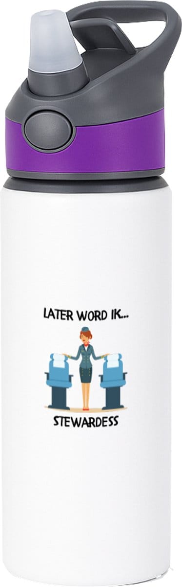 Hacebo® - Later word ik stewardess waterfles met rietje paars - Werk - Stewardessen - Cabinepersooneel - Luchtvaard - cadeau voor stewardessen - water fles - 650ML