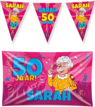 Sarah 50 jaar verjaardag versiering pakket – vlag – gevelvlag – cartoon - paperdreams