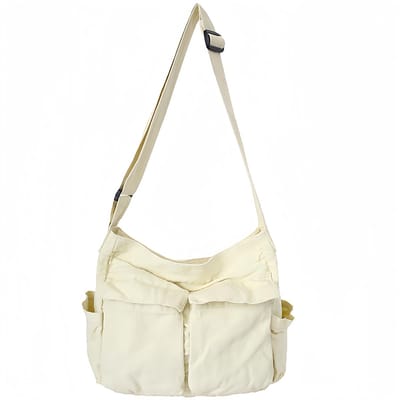 longziming -Canvas Crossbody Tas – Ruime Schoudertas met Meerdere Vakken en Verstelbare Riem – Uniseks Messengerbag voor Werk, Studie & Reizen – 40x34x15 cm – Gebroken Wit