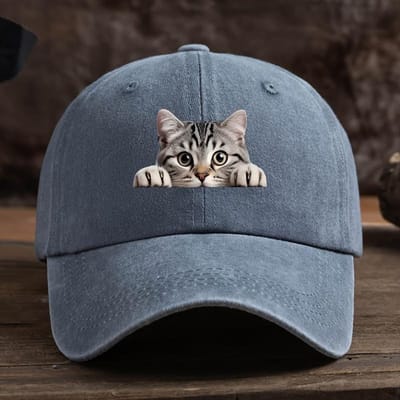 Verstelbare retro gewassen baseballpet band met schattige kattenprint gebogen klep voor zonbescherming voor buitenreizen gray