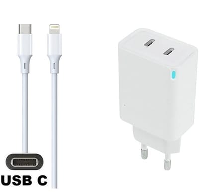 45W super snellader met 2 poorten USB C - USB C + 0,95m USB C naar Lightning kabel. Witte PD PPS lader. Oplader adapter past op Apple iPhone 8 t/m iPhone 14