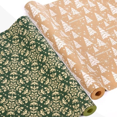 Cadeaupapier voor Kerstmis, 43 cm x 15 m, 2 rollen met Kerstman en groene sneeuwvlokken, ideaal voor kerstcadeaus en feestelijke inpakmomenten