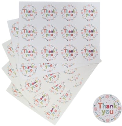 120x Thank You Stickers Op Vel - 35mm - Thank You Bloemen Krans - Sluitsticker - Sluitzegel - Cadeau Sticker - 120 Stuks