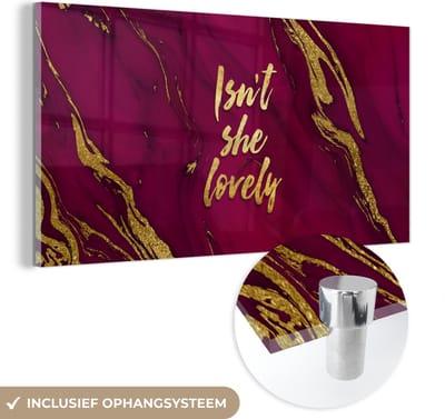 MuchoWow® Glasschilderij 40x20 cm - Schilderij acrylglas - Lovely - Goud - Roze - Marmer - Foto op glas - Schilderijen