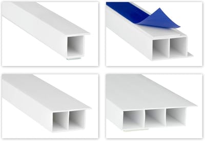 HEXIM PVC-ramen/dekleisten 15mm - holle kamerprofielen, optioneel met schuimtape (zelfklevend) en overstap voor muurafwerking (vlegel) - 2 meter per leest (20x15mm, HJ 2172015-SKS)