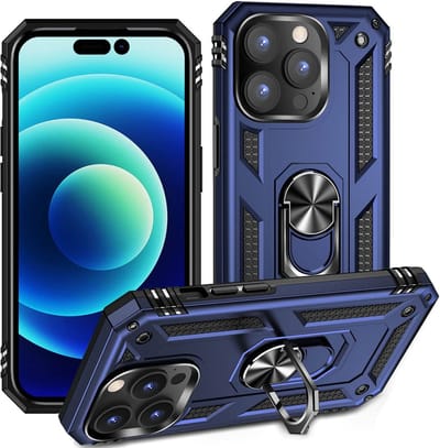 Casemania Hoesje Geschikt voor Apple iPhone 14 Pro - Blauw - Anti-Shock Hybrid Armor Back Cover - Hoes met Kickstand Ring
