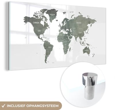 ® Glasschilderij 40x20 cm - Schilderij acrylglas - Wereldkaart - Grijs - Design - Foto op glas - Muurdecoratie woonkamer - Wanddecoratie slaapkamer - Schilderijen