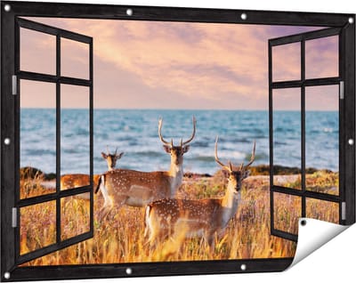 Gards Tuinposter Doorkijk Drie Herten aan de Zee tijdens Zonsondergang - 120x80 cm - Tuindoek - Tuindecoratie - Wanddecoratie buiten - Tuinschilderij