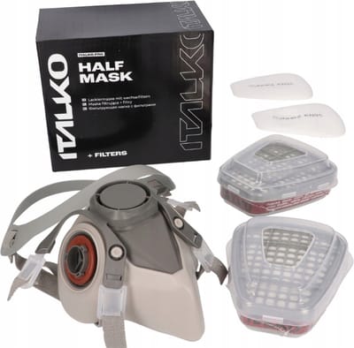 HALF MASKER ANTI-STOFVERFMASKER SET MAAT M MERK ITALKO Set bevat: Halfmasker, gelaatsstuk, maat M - 1 st Koolstoffilters - 2 st Stoffilters - 2 st Filterdeksel - 2 st - Het stoffilter met beschermingsklasse P1 Beschermt tegen gassen, dampen en stof