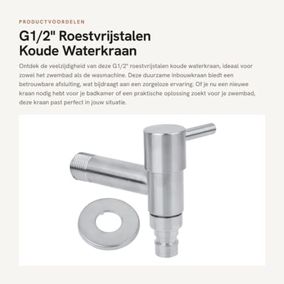 Dailygoods- Inbouwkraan Roestvrij Staal - Wandmontage - Koude Waterkraan - G1/2 Draadverbinding - Duurzaam - Betrouwbare Afsluiting