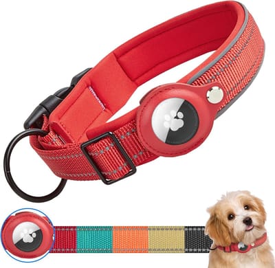 Hondenhalsband voor Apple AirTag, verstelbaar, reflecterend, waterdicht, AirTag-halsband, gewatteerd, tactische hondenhalsband met AirTag-houder voor kleine, middelgrote en grote honden (S,Rood)