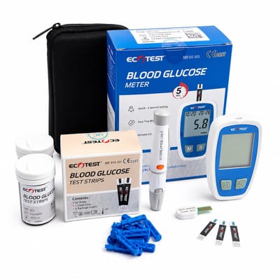 Bloedsuikermeter Startpakket Bloedglucosemeter + 50 Teststrips en Lancetten Ecotest - Draagtasje en Batterij Inbegrepen - Makkelijk Thuis Testen