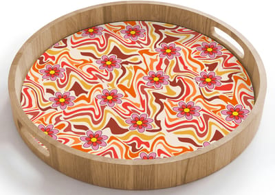 Dienblad rond 40x40 cm - Schootdienblad hout - Retro - Bloemen - Patroon - Borrelplank rechthoek - Plateau houten dienbladen