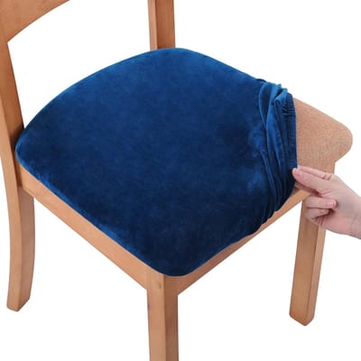 Daity Set van 2 fluwelen eetkamerstoelhoezen - rekbaar - afneembaar - wasbaar kussenbeschermer met strikbanden - Federal Blue