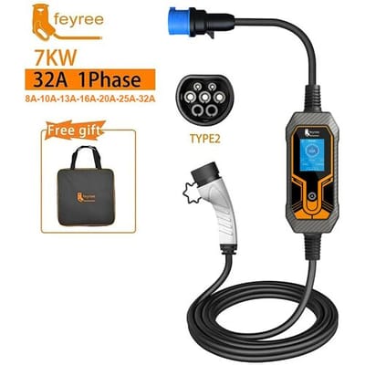 Feyree 7 kW type 2-kabel 1-fase draagbare lader voor elektrische voertuigen 32 A 7 kW EVSE-laadbox 5 m kabel CEE-mannetjesstekker voor elektrische